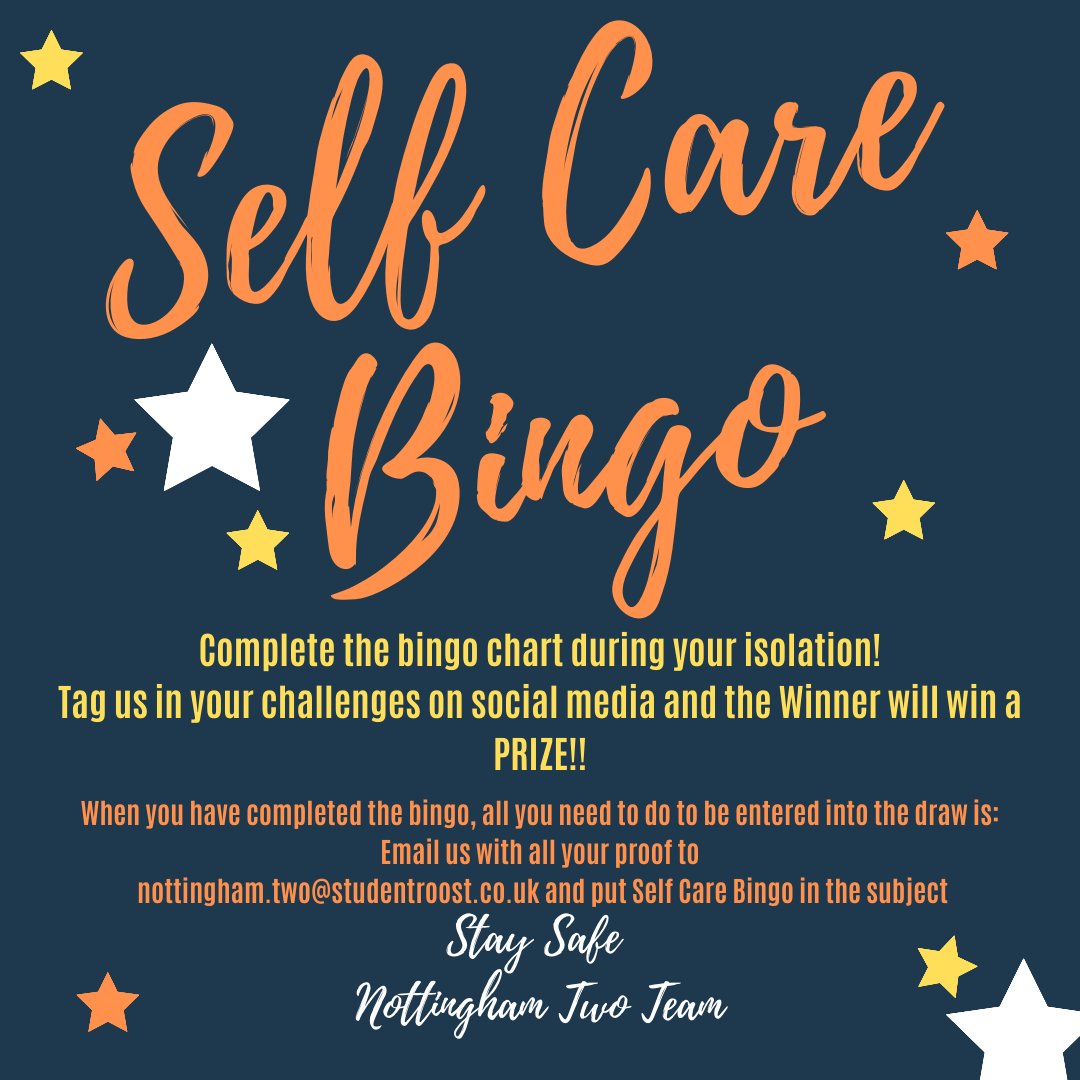 srnottinghamtwo's tweet photo. Nottingham Two challenge you all to Self Care Bingo😁 🎉 Completely fun filled challenges and the winner wins a PRIZE! 🎁🎁 we can’t wait to see all your challenge pictures, good luck everyone &amp; stay safe 💛#selfcarebingo #isolationcanbefun #neveralone https://t.co/di5j8DudR9