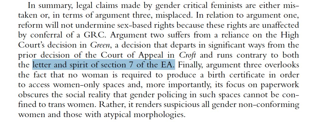 Sharpe says is "the letter and spirit" of section 7 for male people to be able to self ID into spaces where women and girls expect bodily privacy, and more generally into the category of women.  https://onlinelibrary.wiley.com/doi/full/10.1111/1468-2230.12507