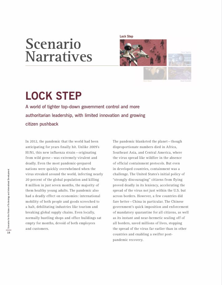  #CoronaVirus #LockDown #Vaccines #4thIndustrialRevolution #NWO>> Page 18, LOCKSTEPScenarios for the Future of Technology and International Development - Report published by The Rockefeller Foundation and Global Business Network, 2010. https://archive.org/details/pdfy-tNG7MjZUicS-wiJb