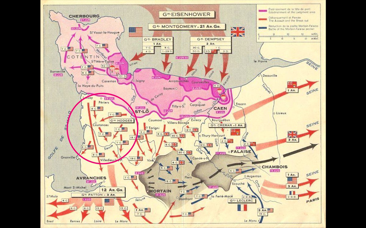 L’Operation Cobra vise à mettre fin à cette situation, par une percée violente, là où les troupes allemandes sont de moins bonne qualité, sur la côte du Cotentin et d’effectuer un mouvement tournant vers l’Est au sud de Caen et ouvrir la route du Havre et de Paris.