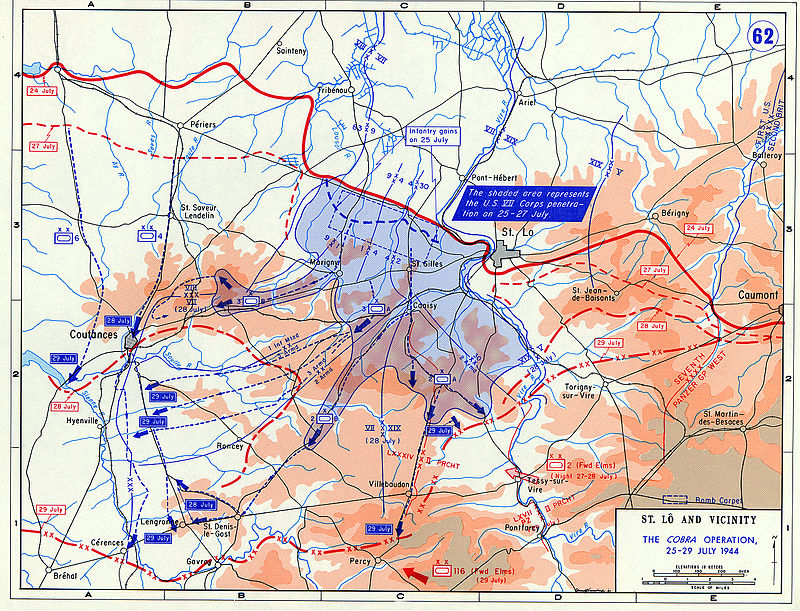 Le 26, Six divisions, dont deux blindées, foncent en trois colonnes blindées vers le sud ouest, dont la principale via une route étroite de Saint Lo vers Coutances puis sud vers Avranche. Devant la violence de la brèche, les allemands désemparés battent en retraite.