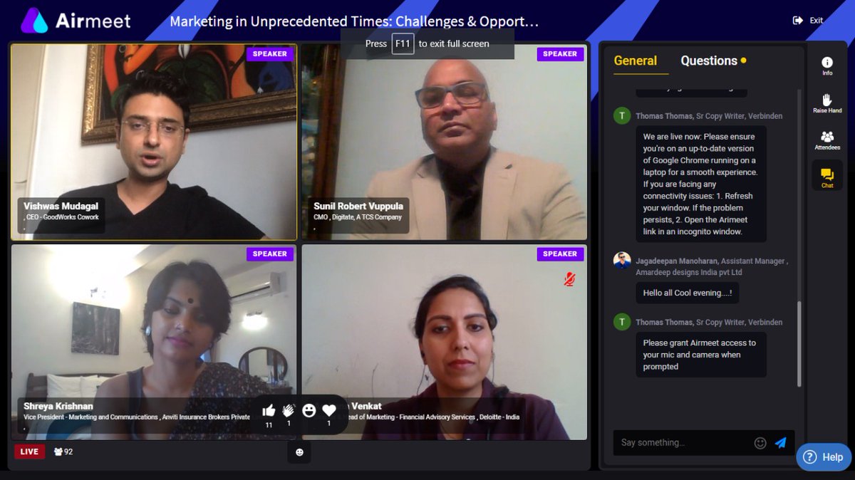 "Nobody so far thought of mental health so much until COVID hit the world", <a href="/archvenkat/">Archana Venkat</a> at "Marketing in Unprecedented Times" with <a href="/vishwasmudagal/">Vishwas Mudagal</a>, <a href="/sunilrobert/">sunilrobert</a>, and <a href="/shreyakrishnan_/">Shreya Krishnan</a>. 
Join now bit.ly/3bYjej4 #ConnectVirtually #ConsciousMarketing @iverbinden