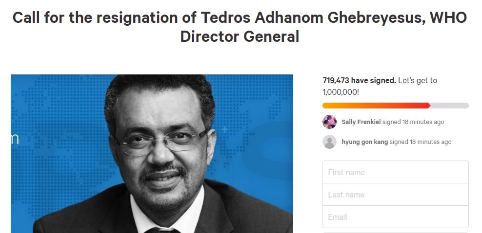 Tedros kelihatan sibuk mempertahankan China. Selain bangtah orang sebut Wuhan virus, Tedros juga menyanggah negara yang bawa balik warganegara masing2 daripada China.Netizen Taiwan & Hong Kong bengang, maka melancarkan petisyen online mendesak Tedros letak jawatan.