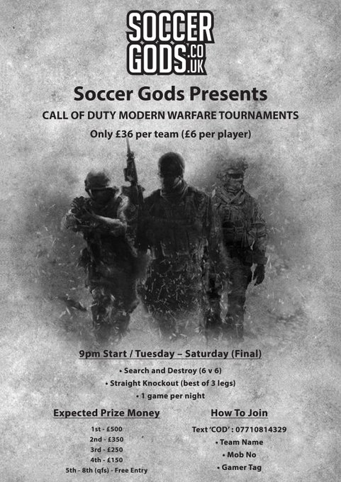 OUR VERY FIRST CALL OF DUTY TOURNAMENT ALSO LAUNCHING THIS SUNDAY. ON COURSE FOR A SELL OUT HERE TOO, WITH PRIZE KITTY EXPECTED TO OVER £1K - £500 FOR THE WINNER! DM OR COMMENT TO REGISTER