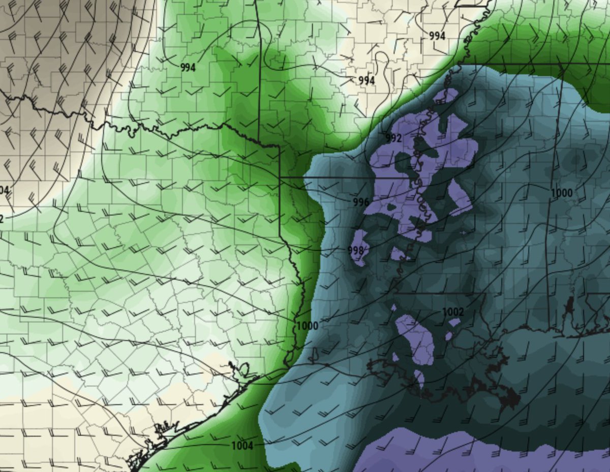 3) Many big Dixie Alley days feature a Pacific Front. For this event, one exists, but GFS/NAM suggeest it may become "washed out" during the day if the sfc low develops substantially far ahead of it, veering the winds and weakening convergence across it (theta-e shown)...