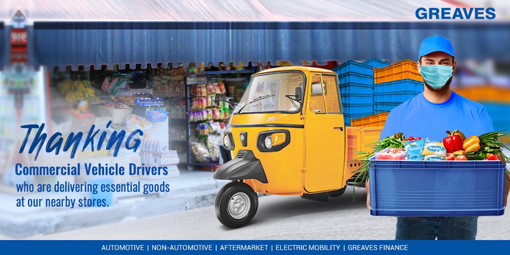 GreavesCottonIN's tweet photo. Greaves powered commercial vehicles are enabling the drivers to provide essential goods in the time of lockdown. Salute to these auto drivers and COVID warriors who ensure supplies are accessible. 
Together, we will pass through this phase.
#GreavesEngines #Lockdown #COVID19 https://t.co/8X0oxFc0dh
