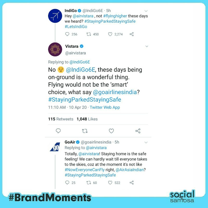 Social_Samosa's tweet photo. #BrandMoments - Here's how Airlines and Airports are spending time during lockdown!

#StayingParkedStayingSafe 

Cc @IndiGo6E @airvistara @goairlinesindia @AirAsiaIndian @flyspicejet @DelhiAirport @BLRAirport  @CSMIA_Official https://t.co/BhTMPE2Hm1