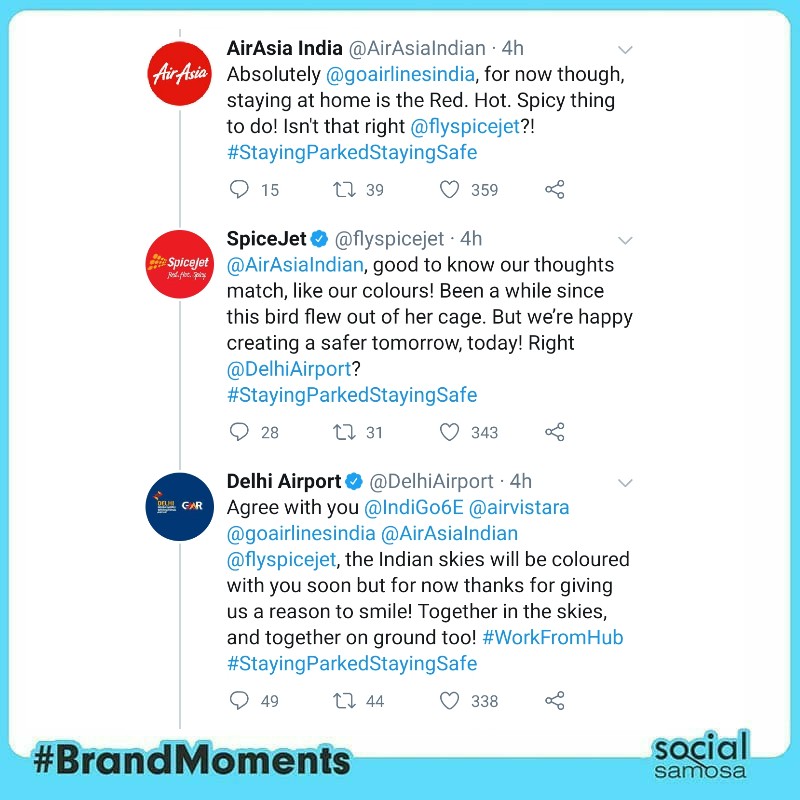 Social_Samosa's tweet photo. #BrandMoments - Here's how Airlines and Airports are spending time during lockdown!

#StayingParkedStayingSafe 

Cc @IndiGo6E @airvistara @goairlinesindia @AirAsiaIndian @flyspicejet @DelhiAirport @BLRAirport  @CSMIA_Official https://t.co/BhTMPE2Hm1