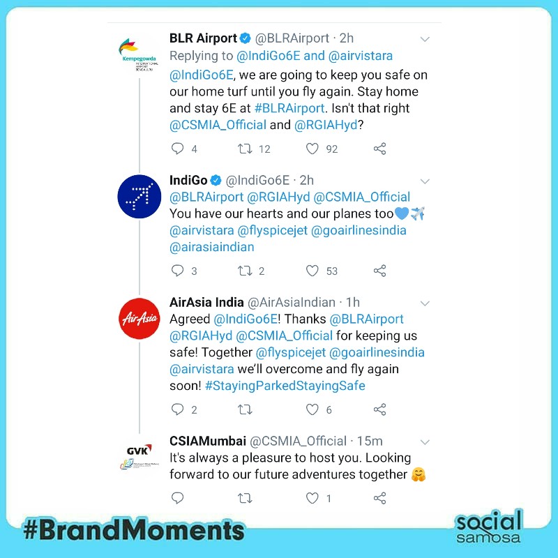 Social_Samosa's tweet photo. #BrandMoments - Here's how Airlines and Airports are spending time during lockdown!

#StayingParkedStayingSafe 

Cc @IndiGo6E @airvistara @goairlinesindia @AirAsiaIndian @flyspicejet @DelhiAirport @BLRAirport  @CSMIA_Official https://t.co/BhTMPE2Hm1