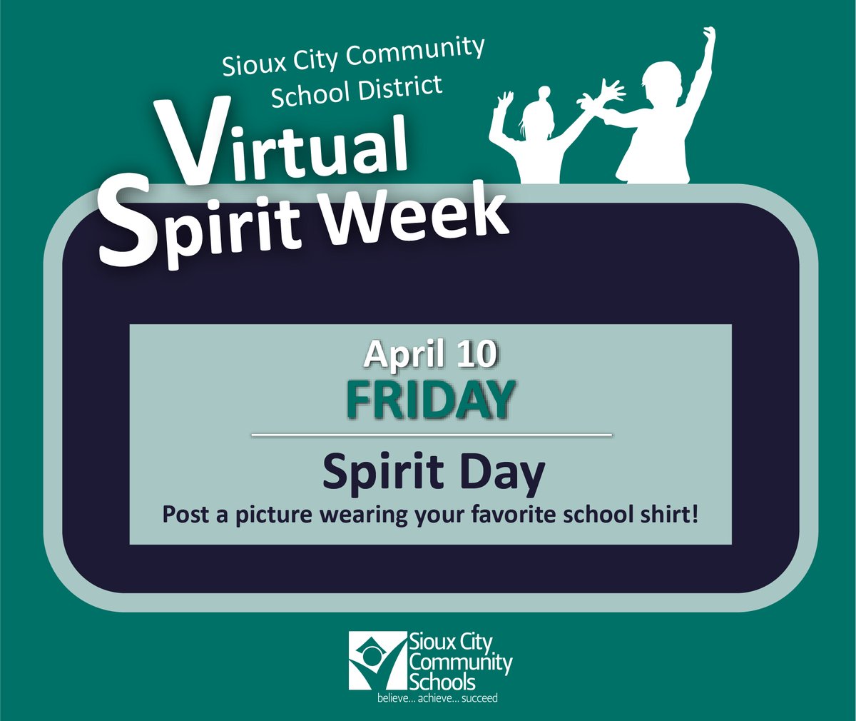 SiouxCityCSD's tweet photo. It's finally Friday! What better way to celebrate than with School Spirit Day? Students, staff, parents, alumni, and friends help us celebrate our schools. Post a picture below wearing your favorite school shirt! #VirtualSpirtWeek #SCCSD #SpiritDay https://t.co/sHgVAerUZf