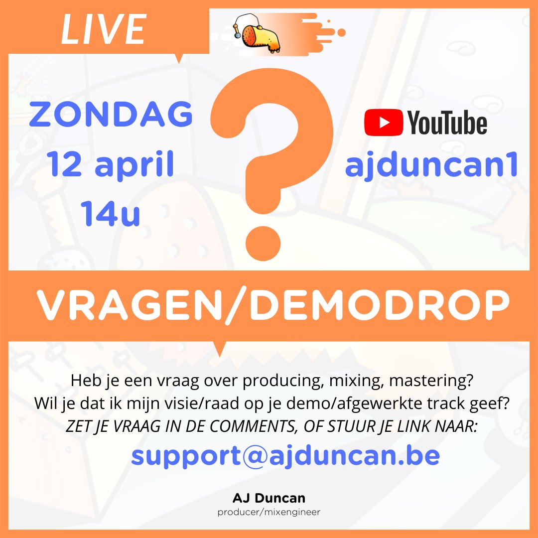 aj_duncan's tweet photo. Zondag 12 april om 14u doe ik een eerste LIVE sessie op youtube op het kanaal ajduncan1
Stuur je vraag of link met demo naar 
➡️ support@ajduncan.be ⬅️
#demo #muziek #live #produceren #mastering #muziekles #muziekmaken #nederlands #event #abletonlive #logicpro #ajduncan https://t.co/JJvYUbQJdl