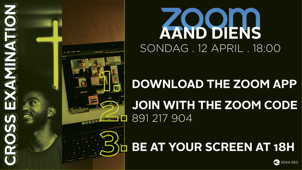 Is jy reg vir ons eerste Aand Diens Zoom? 

Kom kuier saam met ons soos ons praat oor Cross Examination - the true implications of the cross! 

Volg hierdie zoom skakel: buff.ly/39T98P2
Zoom Kode: 891217904