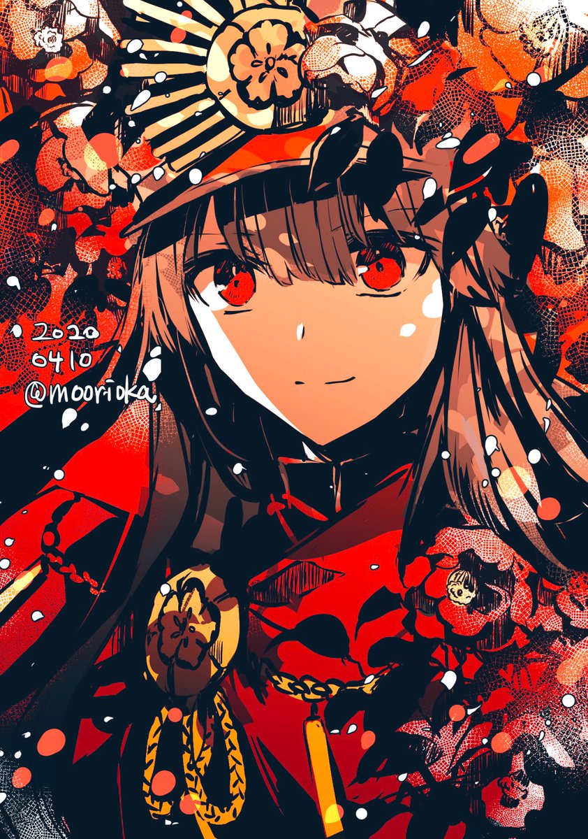oda nobunaga (fate) red eyes solo long hair hat twitter username smile flower  illustration images