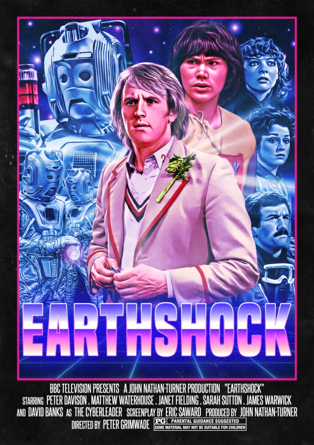 An 80s style movie poster for the #DoctorWho story Earthshock #5thDoctor #PeterDavison #Cybermen