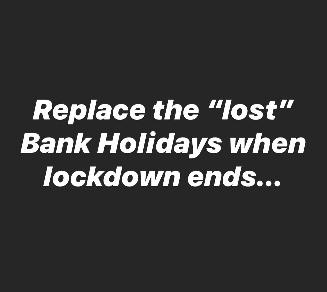 SMACKLEAMINGTON's tweet image. Bank Holidays have always been a time to spend with friends &amp;amp; family. They are a bumper time for bars, clubs, restaurants &amp;amp; events. As we look set to miss the first two or three of 2020, perhaps the govt should replace them when lockdown ends...