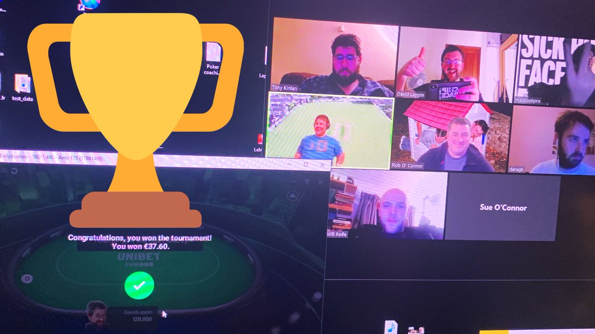Played my first home game on <a href="/UnibetPoker/">Unibet Poker</a> last Monday with ‘The Dublin Bellybusters’. Massively recommend combining Zoom for the banter! I mean, look how happy everyone was for me when I won. 😂 

Playing our second game tonight.