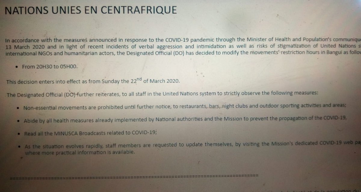 Due to security threats provoked by the pandemic, the UN peacekeeping mission has extended its curfew on employees after “recent incidents of verbal aggression & intimidation as well as risks of stigmatization of UN staff, intl NGOs, humanitarian actors”, acc to an internal memo