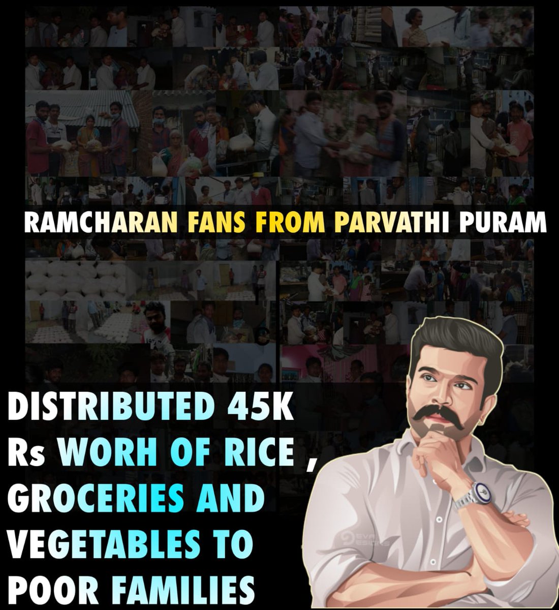 Our Vijayanagaram  @AlwaysRamCharan Fans donated 45K Rs Worth of Rice , Groceries and vegetables to poor Families .Our RCFans always there for people in need .Proud of you guys  #MakeOurIdolRCProud