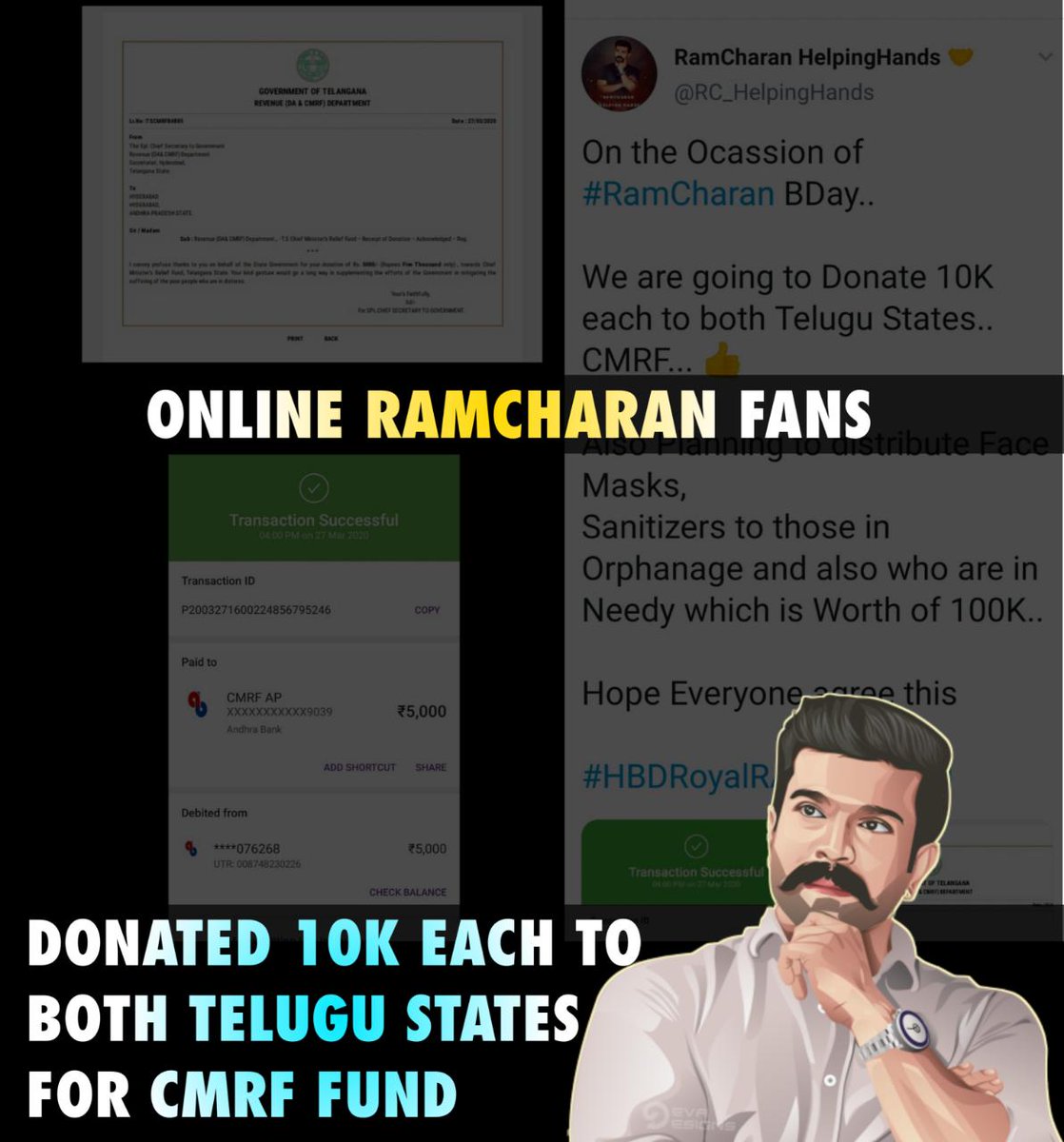 On the Ocassion of  #RamCharan BDay.. Online Ram Charan Fans donated 10K each to both Telugu States.. CMRF...  #coronavirusinindia  #MakeOurIdolRCProud