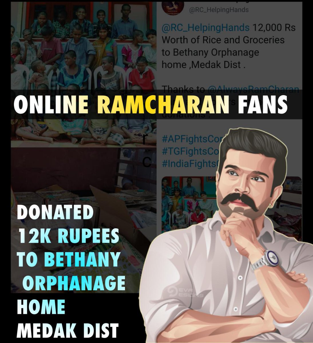  @RC_HelpingHands 12,000 Rs Worth of Rice and Groceries to Bethany Orphanage home ,Medak Dist .Thanks to  @AlwaysRamCharan Fans and Donars for the donations .  #MakeOurIdolRCProud