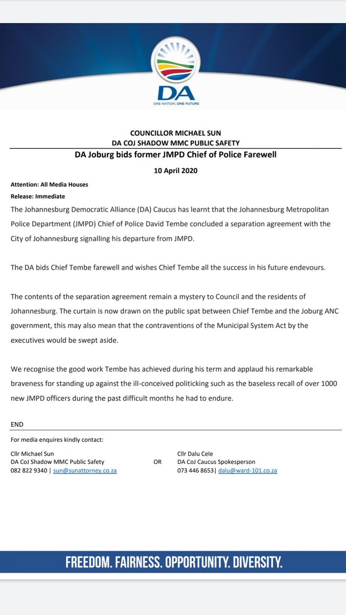 DA_JHB's tweet photo. As we bid @AsktheChief01 David Tembe farewell the curtain is now drawn on the public spat between Chief Tembe and the Joburg ANC government. This may also mean that the contraventions of the Municipal System Act by the executives will be swept aside. @MichaelSun168 https://t.co/sDaKNviahL