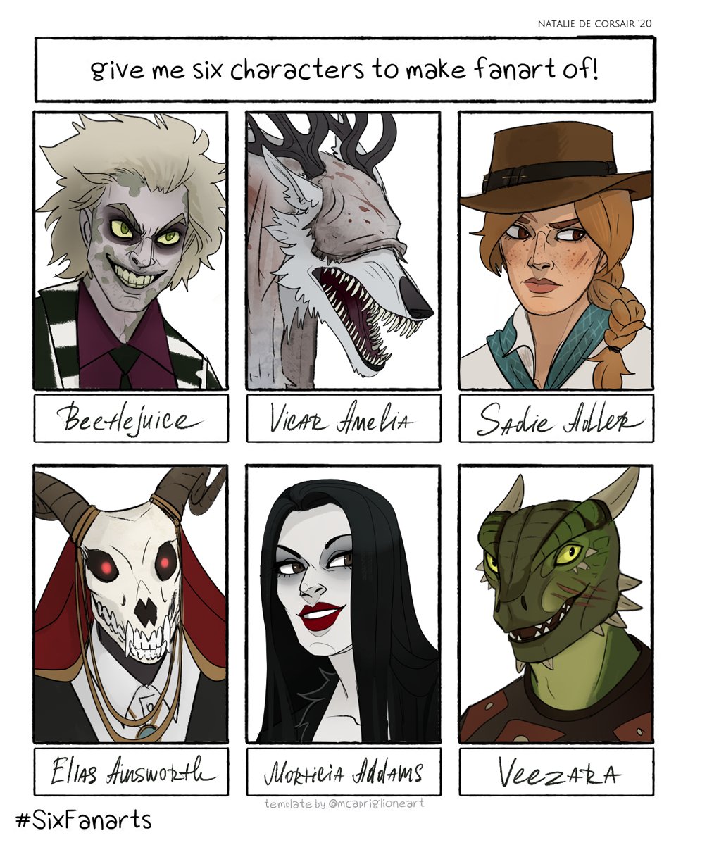 And it's done %)) IT WAS SO HARD TO CHOOSE but I went for somebody I've never drawn, but seen. Plus Sadie and Morticia are my favorite woman characters (along with some others)
#sixfanartchallenge #sixcharacters #sixfanart 