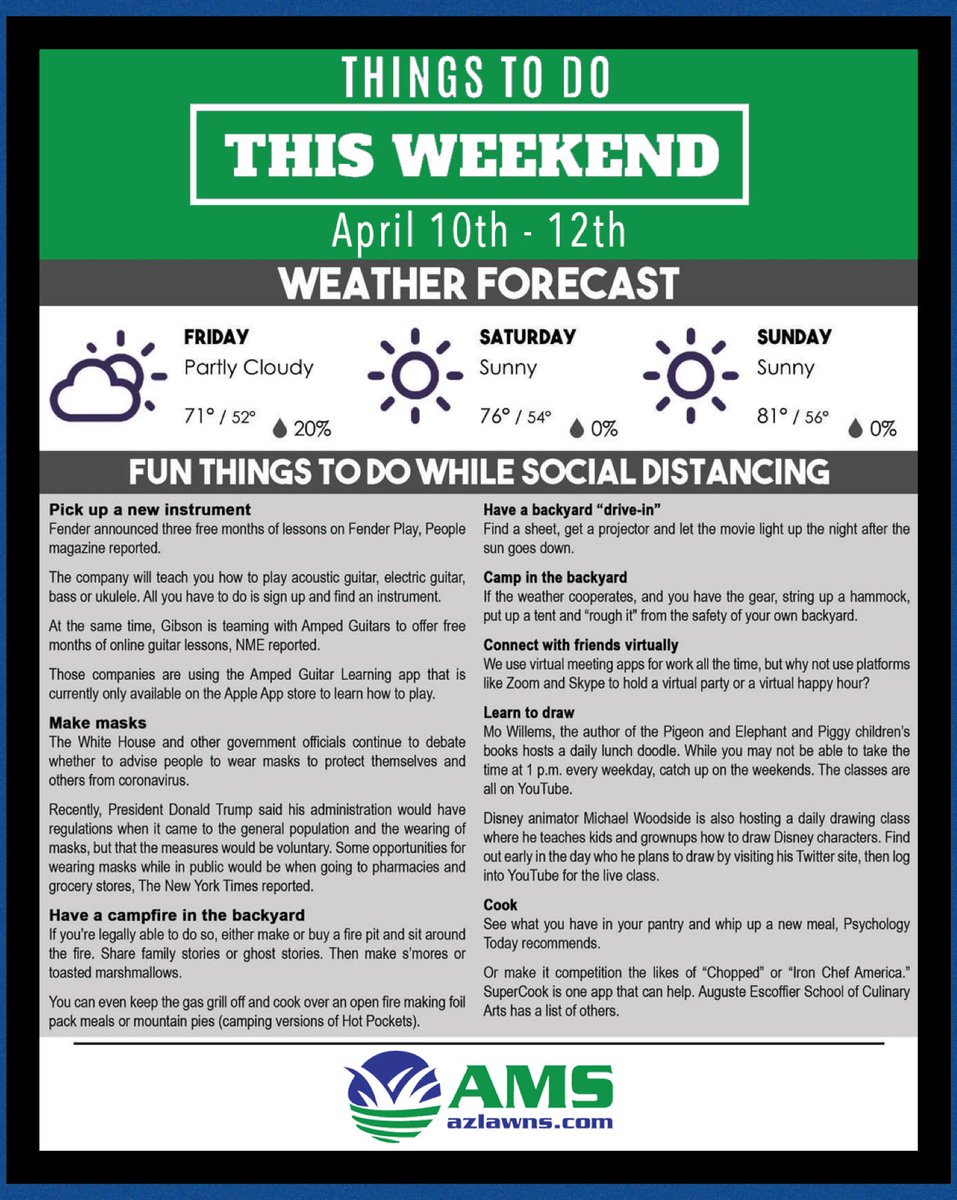 azlawns's tweet photo. Things To Do During Covid-19 Quarantine 
.
.
#staybusy #keepaschedule #boardgames #limitnews #cleanoutthegarage #homeprojects #staysane #takeawalk https://t.co/nhUHl8NpVW
