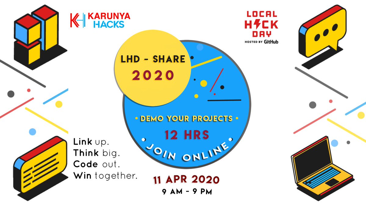 KarunyaHacks's tweet photo. @KarunyaHacks is conducting "LHD-SHARE 2020" (online) in collaboration with @MLHacks on 11th April 2020.

Be Home. Be Safe. Keep Coding.

#kits #hackathon #MLH #online #stayathome #winovercorona https://t.co/fM7UG8B8fx