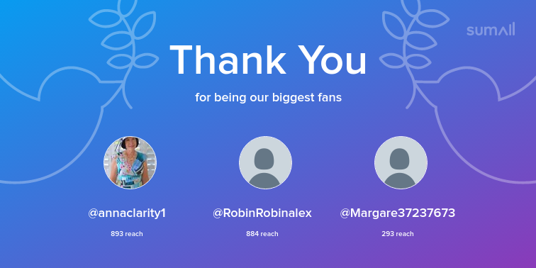 Our biggest fans this week: annaclarity1, RobinRobinalex, Margare37237673. Thank you! via sumall.com/thankyou?utm_s…