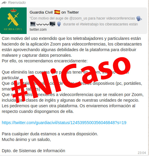 No, no hemos sido nosotros. Este mensaje que corre por grupos de #WhatsApp es un #bulo que aprovecha un tweet de <a href="/guardiacivil/">Guardia Civil</a> y la actualización de seguridad de #Zoom para usuarios de Windows para generar alarma social. #StopBulos #NiCaso
