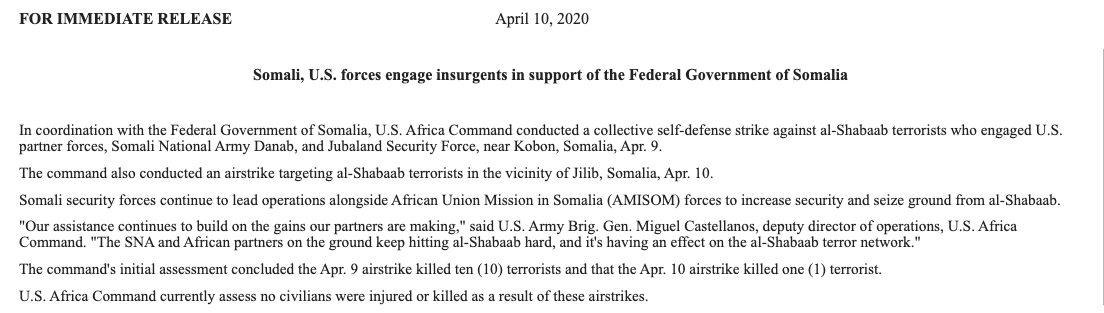 Meanwhile in SomaliaTwo strikes, 11 reported EKIA