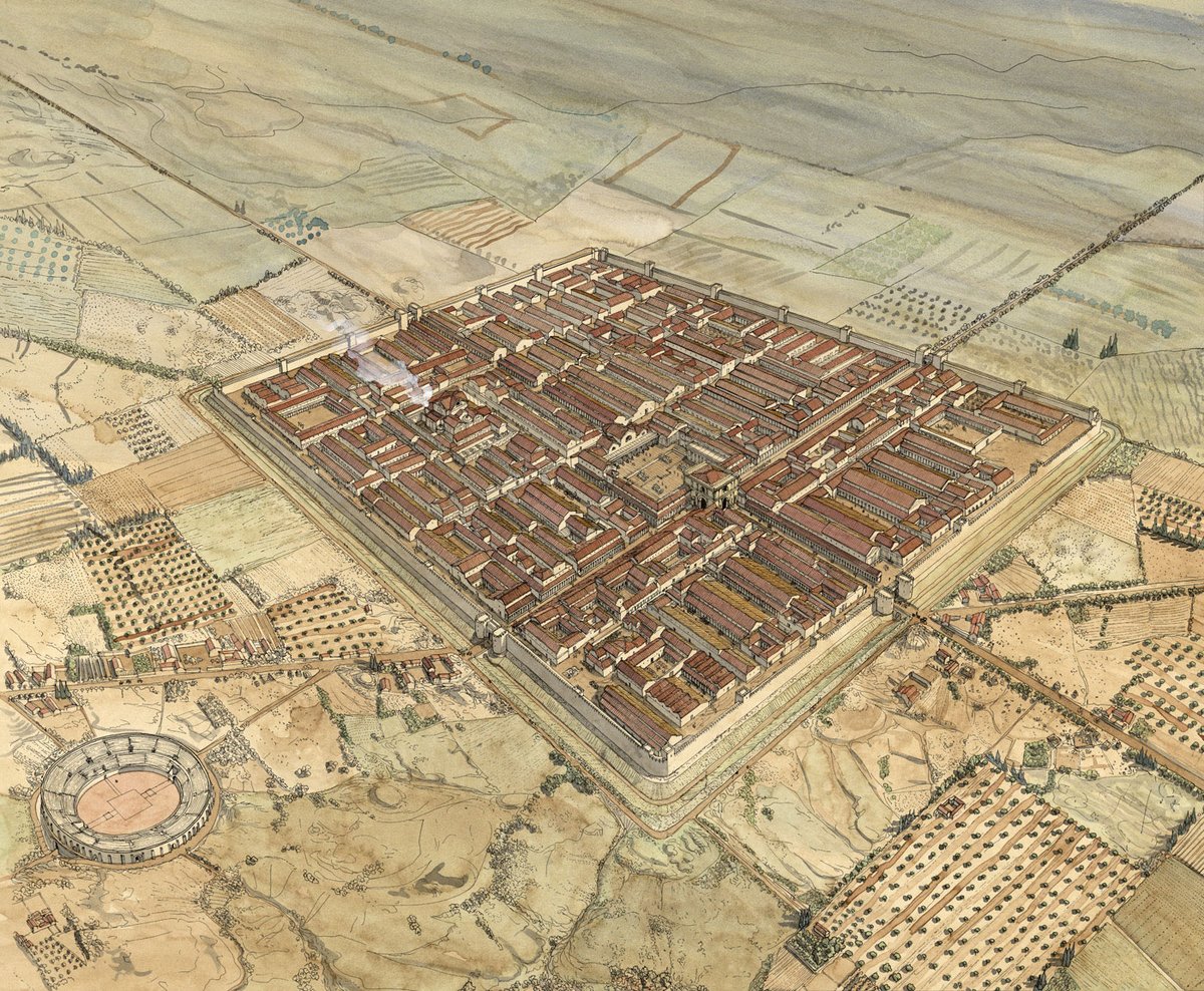 Architectural reconstruction of Lambaesis by French architect and archaeologist Jean-Claude Golvin. Lambaesis was a huge military settlement and the camp housed the Third Augustan Legion. Hadrian visited the fortress in the early summer of AD 128. https://jeanclaudegolvin.com/en/lambaesis/ 