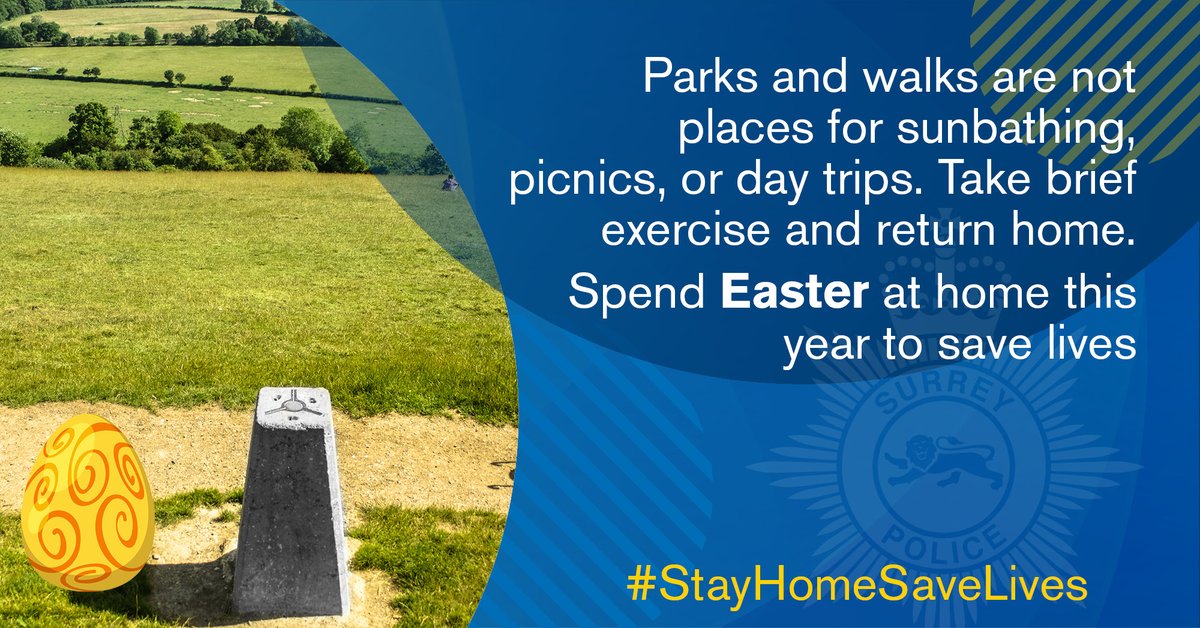 SurreyPolice's tweet image. We know it’s a sunny #bankholiday weekend but avoid spending long periods in parks and beauty spots. 
It's easy for crowds to build up &amp;amp; risks the spread of #Covid19. 
Take exercise in the local area near your home &amp;amp; avoid unnecessary travel on roads #StayHomeSaveLives