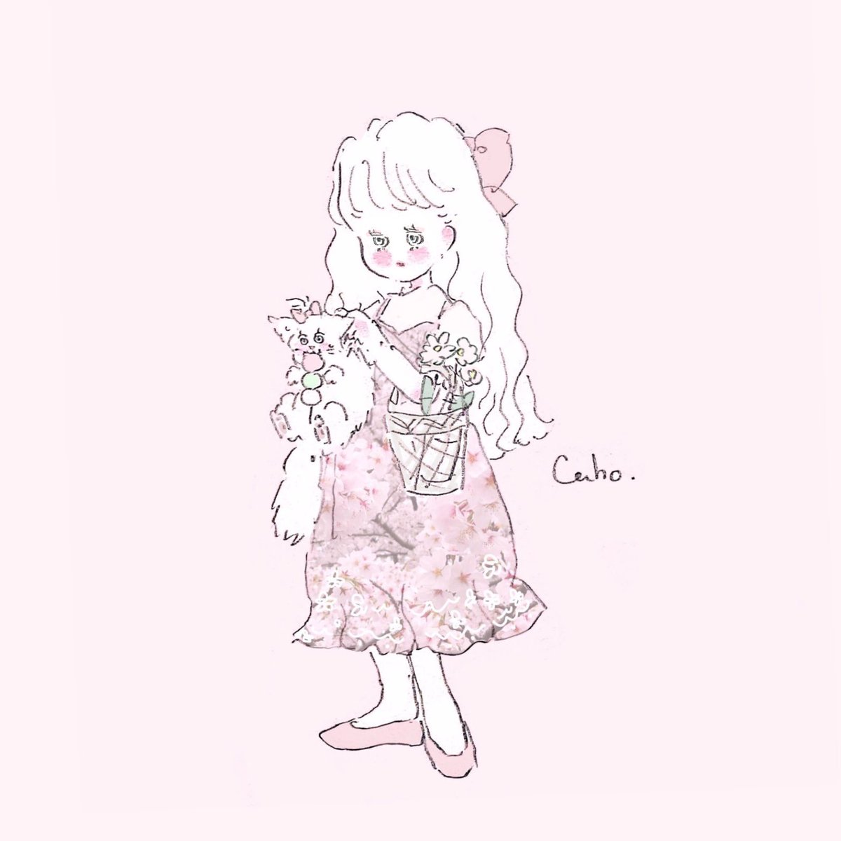 1girl long hair dress holding blush simple background bow  illustration images