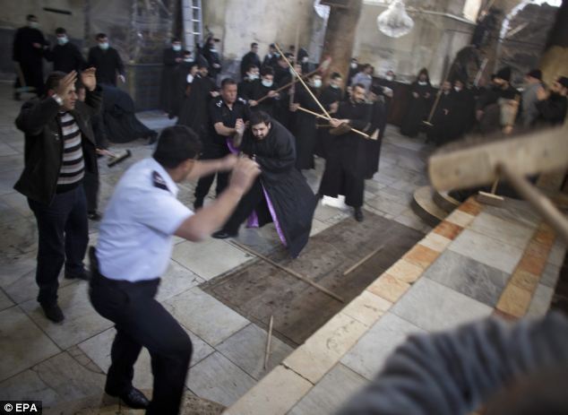 The Holy Sepulchre church is owned by six different Christian denominations.There are regular, and sometimes violent skirmishes as each vies to maintain their territory within the church.