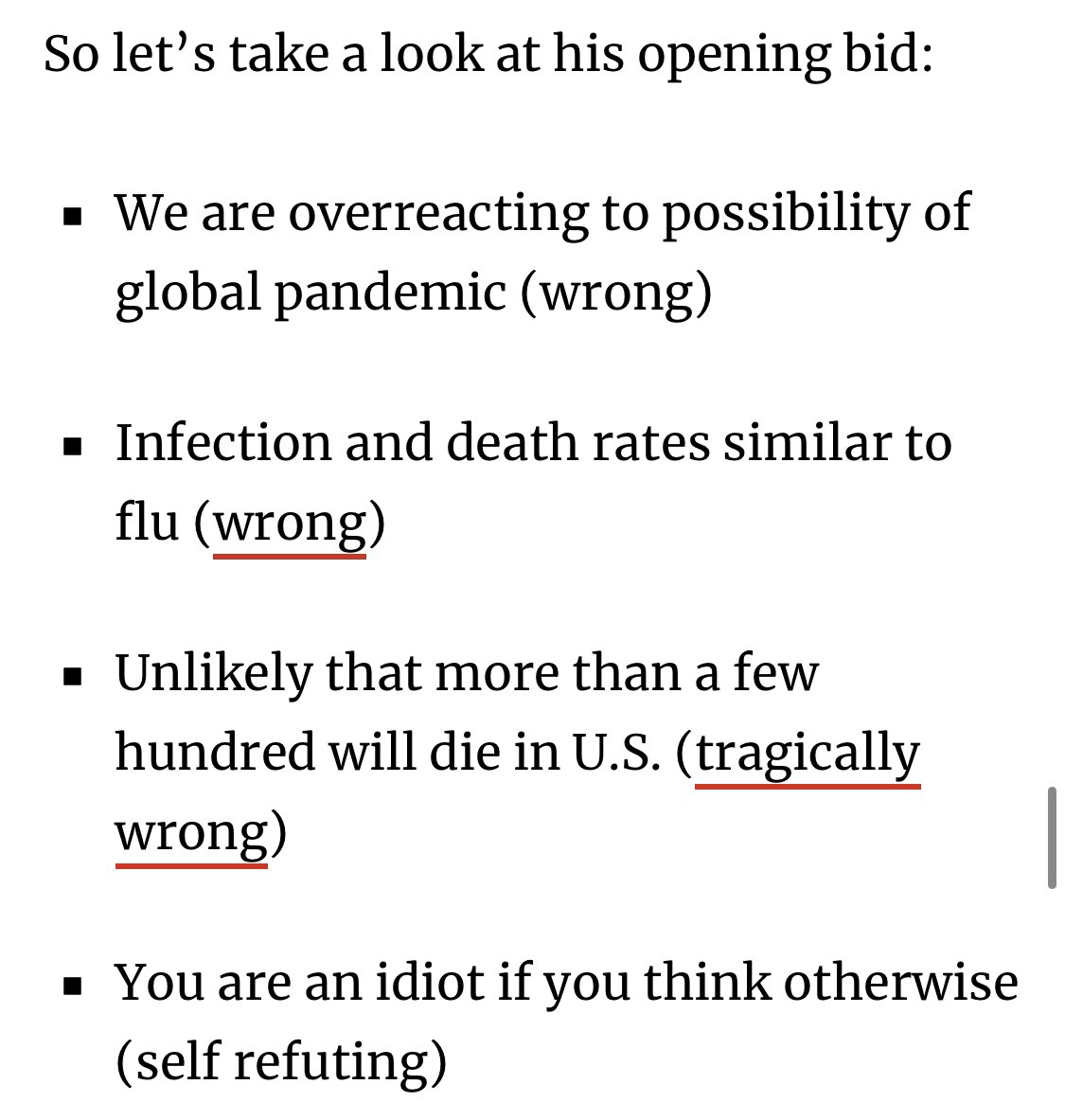 There’s a lot of goalpost moving in the “media is overhyping the virus” grift. So for those who want a tl;dr, here was Travis’ initial prediction.  https://thebulwark.com/the-ballad-of-clay-travis/