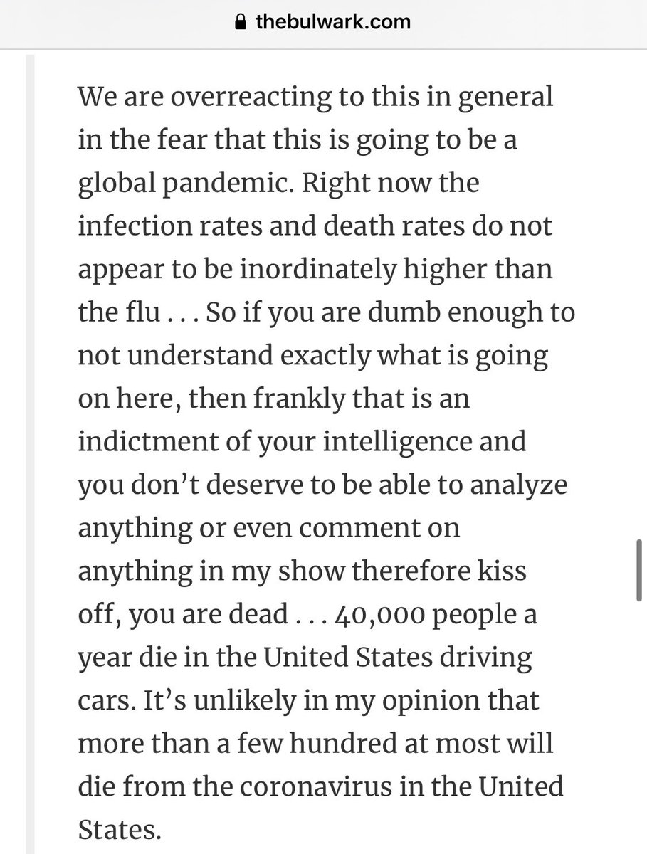 There’s a lot of goalpost moving in the “media is overhyping the virus” grift. So for those who want a tl;dr, here was Travis’ initial prediction.  https://thebulwark.com/the-ballad-of-clay-travis/