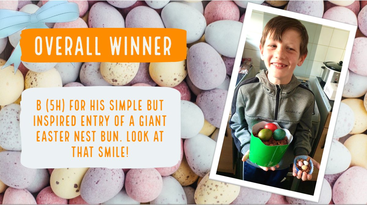 EndikePrimary's tweet photo. The overall Competition winner is B (5H) for his simple but inspired entry of a giant Easter nest bun. Look at that smile! I hope it tasted good! 

Well done from the whole Endike Team. You can have 100 Dojo points for winning outright. https://t.co/T2qp3BeM1E