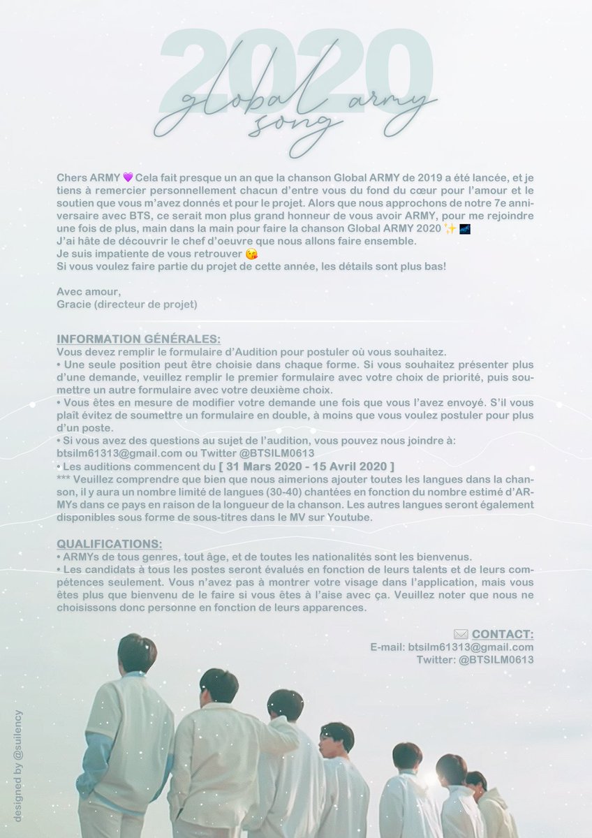 BTSFRANCE_'s tweet photo. [#2020GlobalARMYSong]

ARMYs ! 

Les auditions pour le projet 2020 Global ARMY Song sont ouvertes après leur succès de l’année dernière ! 🥳

Pour plus de détails, veuillez bien lire les affiches ci-dessous 😉

Lien du formulaire d’inscription 🔽
(https://t.co/mW15HjlZwO) https://t.co/JPB2vvCSYe