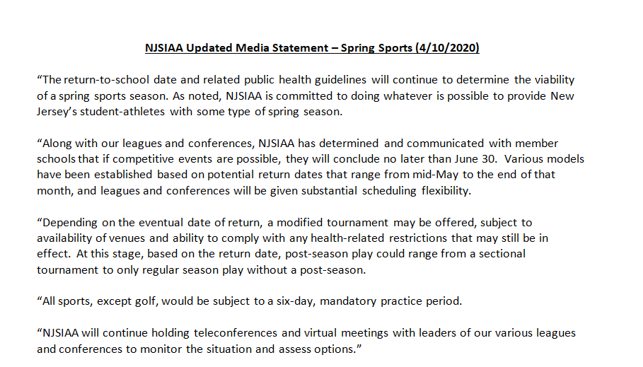 NJSIAA Updated Media Statement – Spring Sports (4/10/2020)