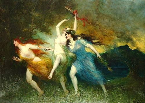 Its interesting, the women in his paintings might seem plain in modernity, and I wonder if that was the taste of the time, or a failing on Ferdinand's part. The environments they are in are beautiful though, and he certainly captures a wild and beautiful Maenad pwr in them