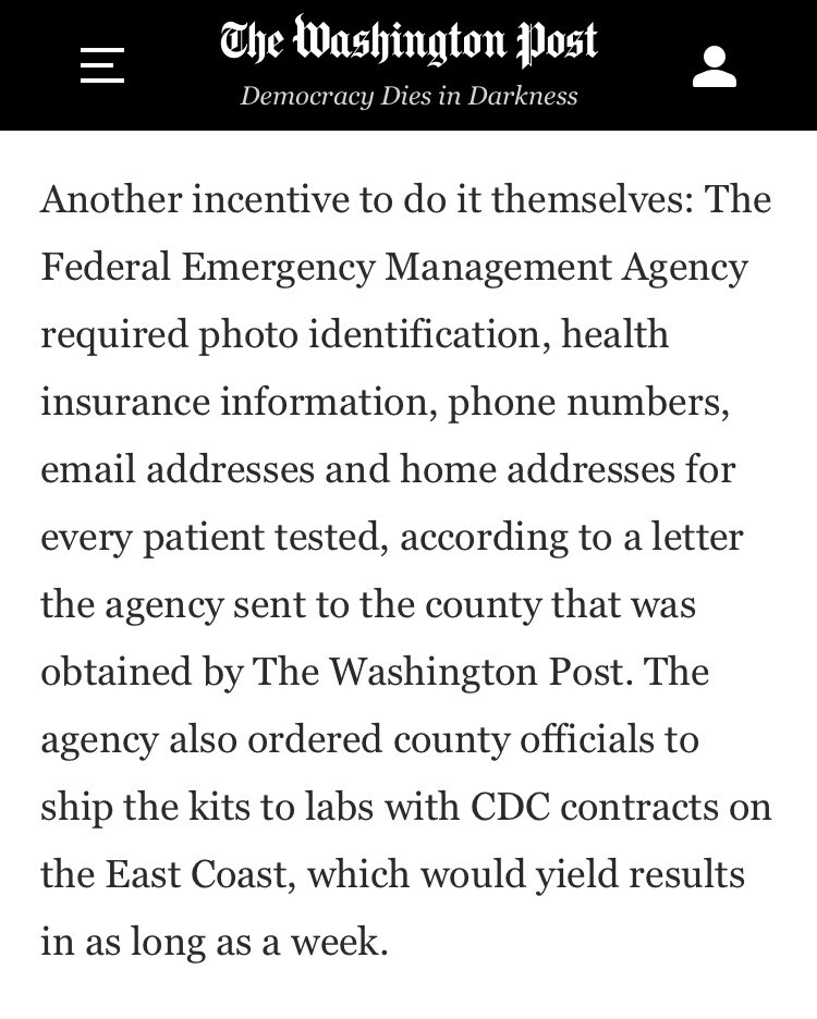 An interesting thing  @desmondbutler and I reported here: FEMA cut off testing supplies to King County after it declined to send tests to CDC labs that took up to 5 days longer to process. County officials believe their rejection of FEMA’s patient ID requirement was also a factor.  https://twitter.com/robertklemko/status/1248594906324574208