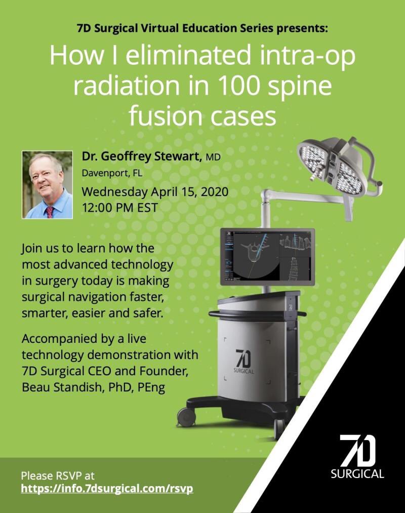 Thank you to the over 100 attendees at the launch of our virtual education series last week! Part 2 features Dr. Geoffrey Stewart, discussing the value of #zeroradiation spine surgery.
#neurosurgery #spine #surgicalnavigation #orthopedicsurgery #machinevision #imageguidedsurgery