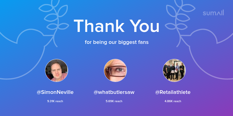 Our biggest fans this week: SimonNeville, whatbutlersaw, Retailathlete. Thank you! via sumall.com/thankyou?utm_s…