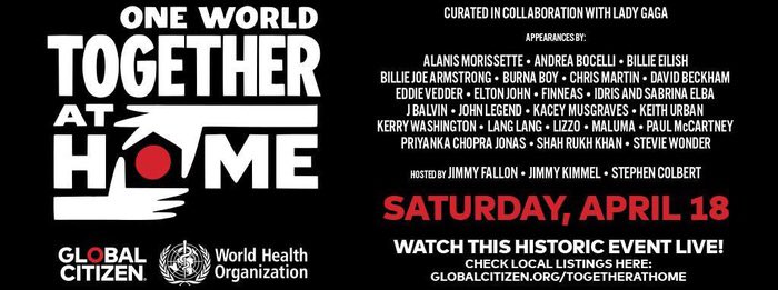 #Événement @France2tv diffusera le concert « One World: Together at Home » 

-En direct sur France.tv 18/04 de  21h à 2h
-En direct sur France 2 18/04 de 2h à 4h
-Rediffusion sur France 2 19/04 de 22h45 à 00h45
-REPLAY sur France.tv 
#TogetherAtHome