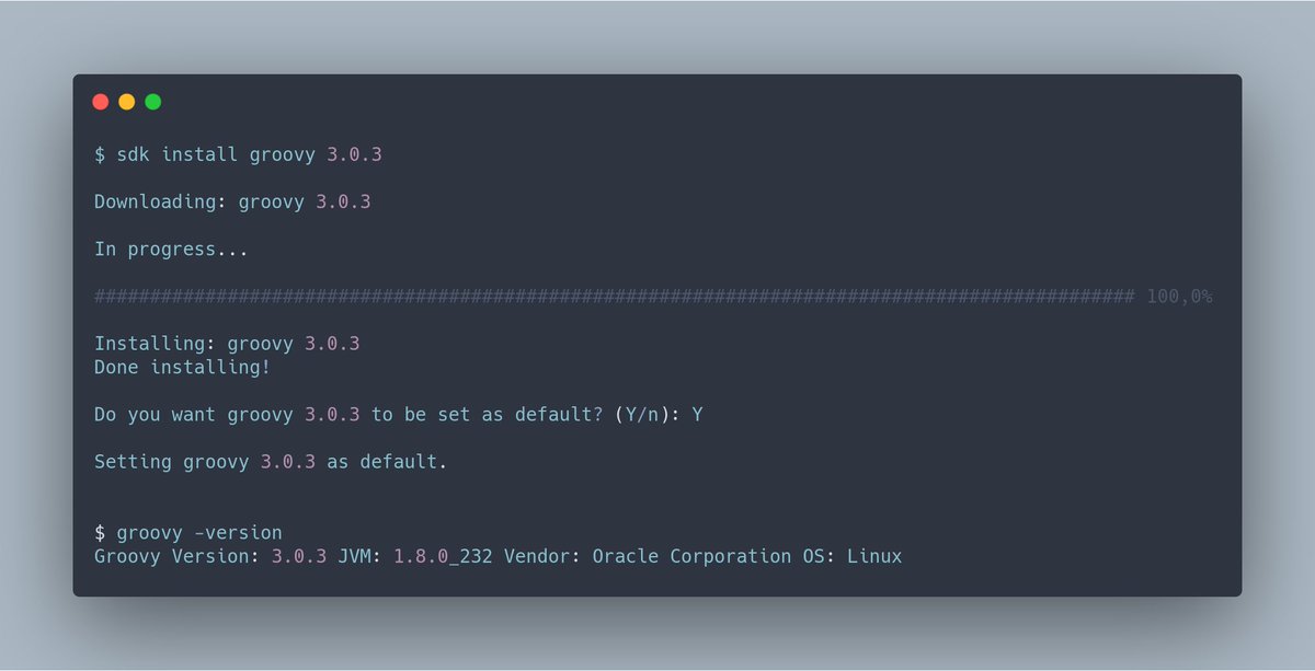 wololock's tweet image. It&apos;s not a surprise that @sdkman_ offers the most convenient way to update @ApacheGroovy to the latest 3.0.3 🚀

$ sdk install groovy 3.0.3

#groovylang #sdkman #java #programming #learning