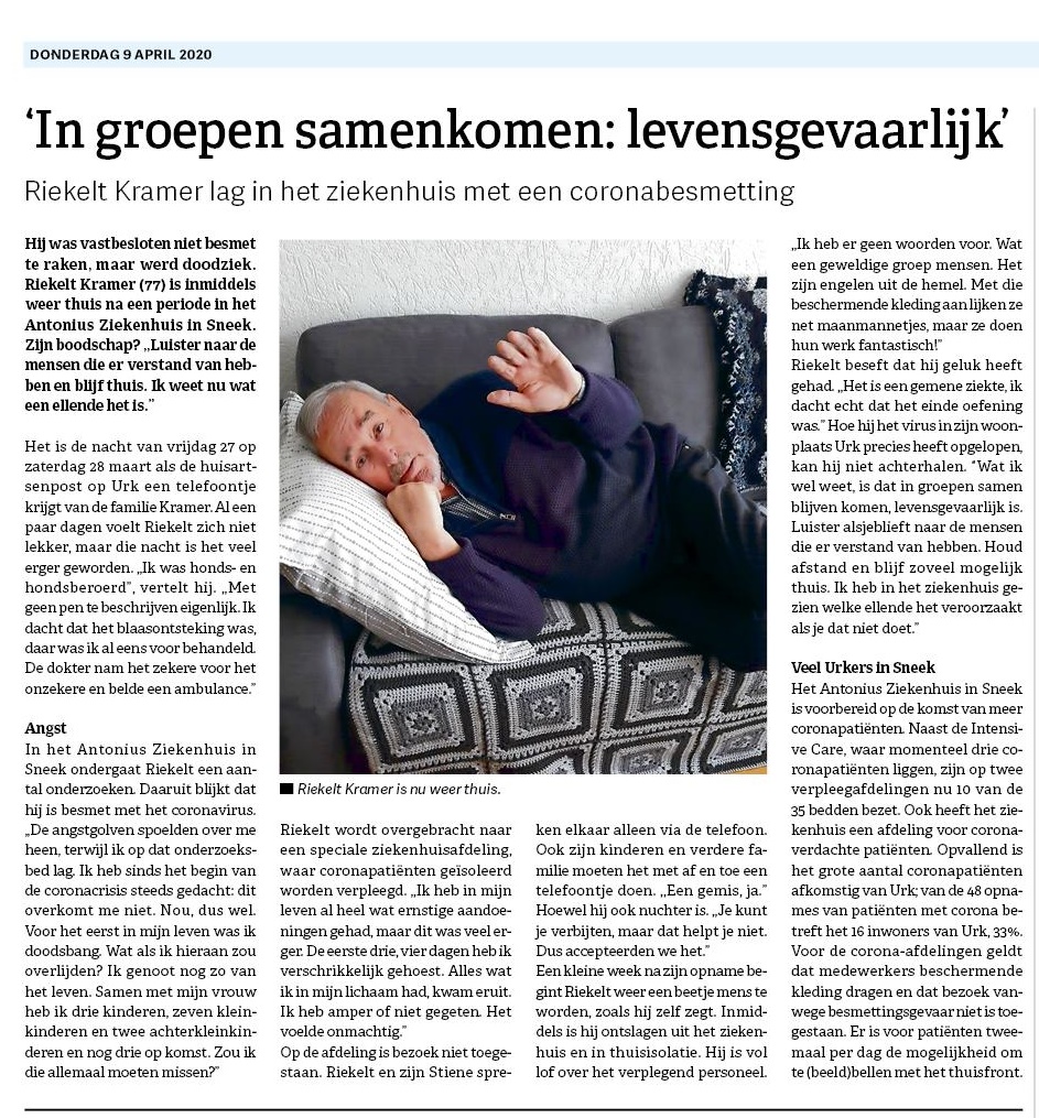 AntoniusSneek's tweet photo. 'In groepen samen komen is levensgevaarlijk' vertelt corona patiënt Kramer in Het Urkerland. Na een verblijf in ons ziekenhuis is hij nu gelukkig weer thuis op Urk, waar hij in 
thuisisolatie is. Hij vertelt: 'Corona is een gemene ziekte, ik dacht echt dat het einde oefening was' https://t.co/2859xRwR31