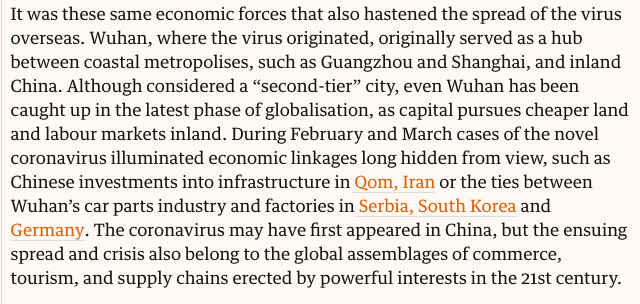 Wuhan went from a backwater to a 2nd tier city after China's urbanization post 2008. It became a Auto hub as companies such as GM, Renault, and Nissan set up factories further inland for China's booming internal market. ht Andrew Liu  https://www.theguardian.com/commentisfree/2020/apr/10/blaming-china-coronavirus-pandemic-capitalist-globalisation-scapegoat