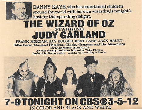 CBS did not show OZ in 1963. First of 4 post-holiday broadcasts, the sixth, on 1/26/64 with Danny Kaye introducing "from a leprechaun's perch atop gaily colored mushrooms,'' according to the Boston Globe. Kaye returned to host annual institution on CBS through 1967.  #TCMParty