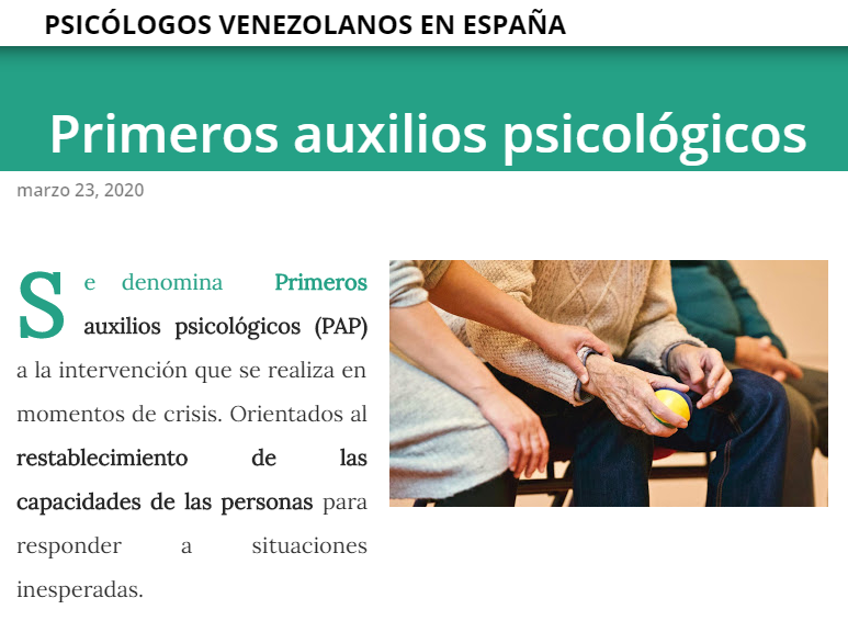 Primeros auxilios psicológicos (#PAP). 
Ayuda en tiempos de CoronaVirus - psicologosvenezolanos.es vía <a href="/psicovesp/">Psicologos Venezolanos en España</a>